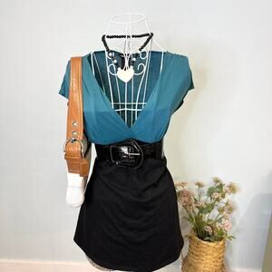 super cute vintage y2k turquoise blue babydoll buckle wrap blouse top